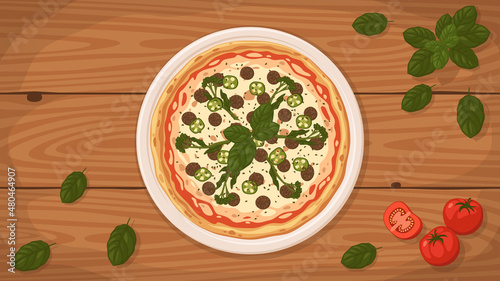 Detailed flat vector illustration of a delicious Italian style Pizza Carrettiera on a plate surrounded with fresh ingredients.