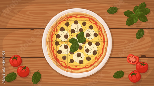 Detailed flat vector illustration of a delicious Chicago-Style Pizza on a plate surrounded with fresh ingredients.