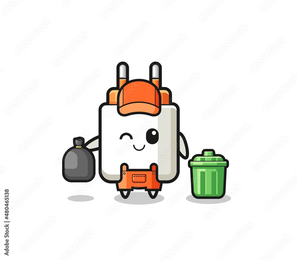 the mascot of cute power adapter as garbage collector the mascot of cute power adapter as garbage collector