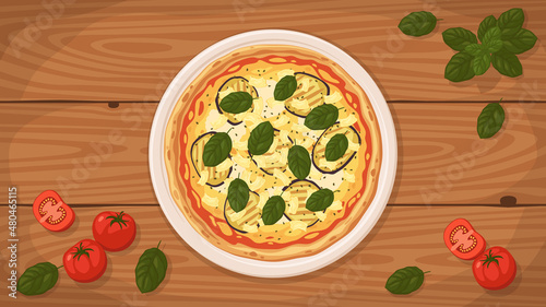 Detailed flat vector illustration of a delicious Italian style Pizza Parmigiana on a plate surrounded with fresh ingredients.