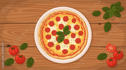 Detailed flat vector illustration of a delicious American style Pepperoni Pizza on a plate surrounded with fresh ingredients.