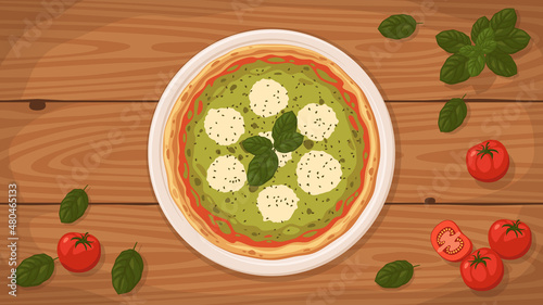 Detailed flat vector illustration of a delicious Italian style Pizza Pesto Genovese on a plate surrounded with fresh ingredients.