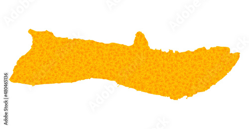 Vector Gold map of Molokai Island. Map of Molokai Island is isolated on a white background. Gold items mosaic based on solid yellow map of Molokai Island.