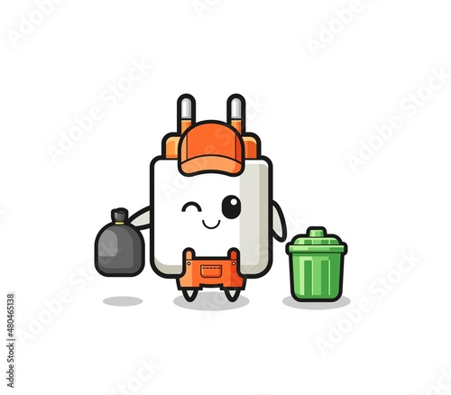 the mascot of cute power adapter as garbage collector