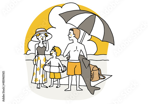 海水浴に来た家族　幸せな夏の休暇　温かみのある人物イラスト　白バックにベクター