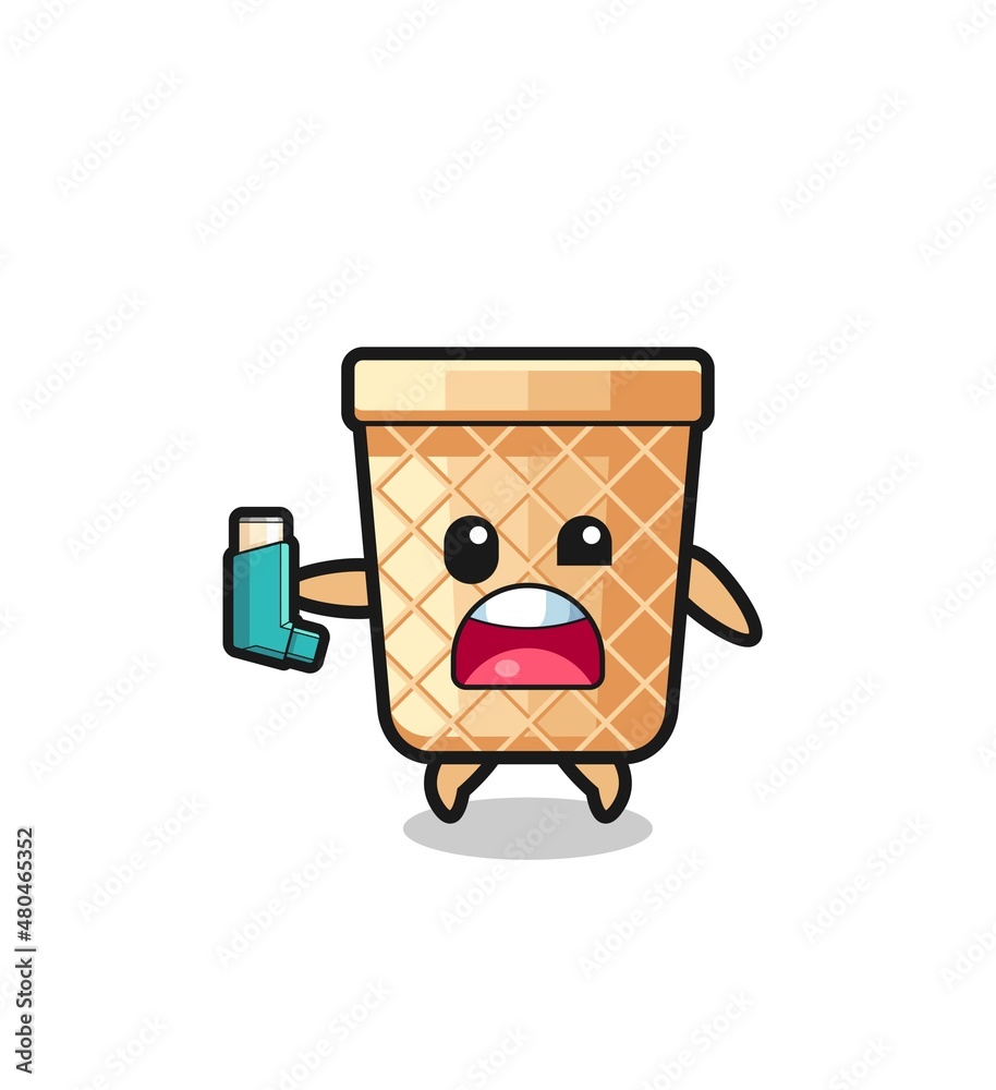 Fototapeta premium waffle cone mascot having asthma while holding the inhaler