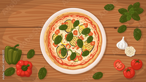 Detailed flat vector illustration of a delicious Italian style Pizza Vegetariana on a plate surrounded with fresh ingredients.