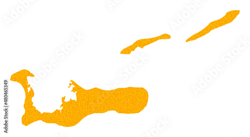 Vector Golden map of Cayman Islands. Map of Cayman Islands is isolated on a white background. Golden particles pattern based on solid yellow map of Cayman Islands.
