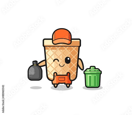 the mascot of cute waffle cone as garbage collector