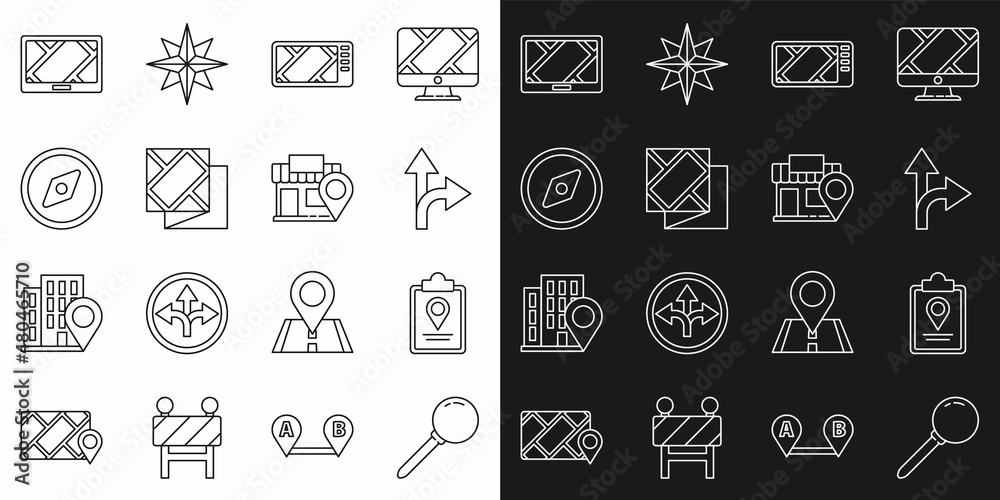 Set line Push pin, Folded map with location marker, Road traffic sign, Gps device, Compass, and Location store icon. Vector Set line Push pin, Folded map with location marker, Road traffic sign, Gps device, Compass, and Location store icon. Vector