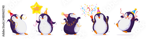 Set of cute dancing penguins in different poses and birthday caps. Happy Birthday greetings. Vector illustration in cartoon style.