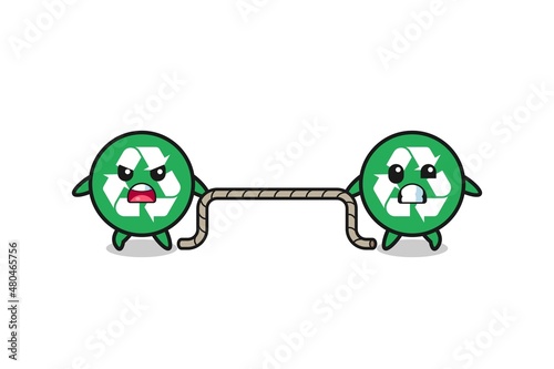 cute recycling character is playing tug of war game