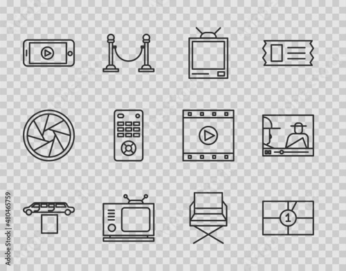 Set line Limousine car and carpet, Old film movie countdown frame, Retro tv, Online play video, Remote control, Director chair and icon. Vector