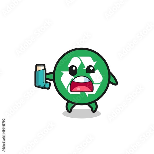 recycling mascot having asthma while holding the inhaler