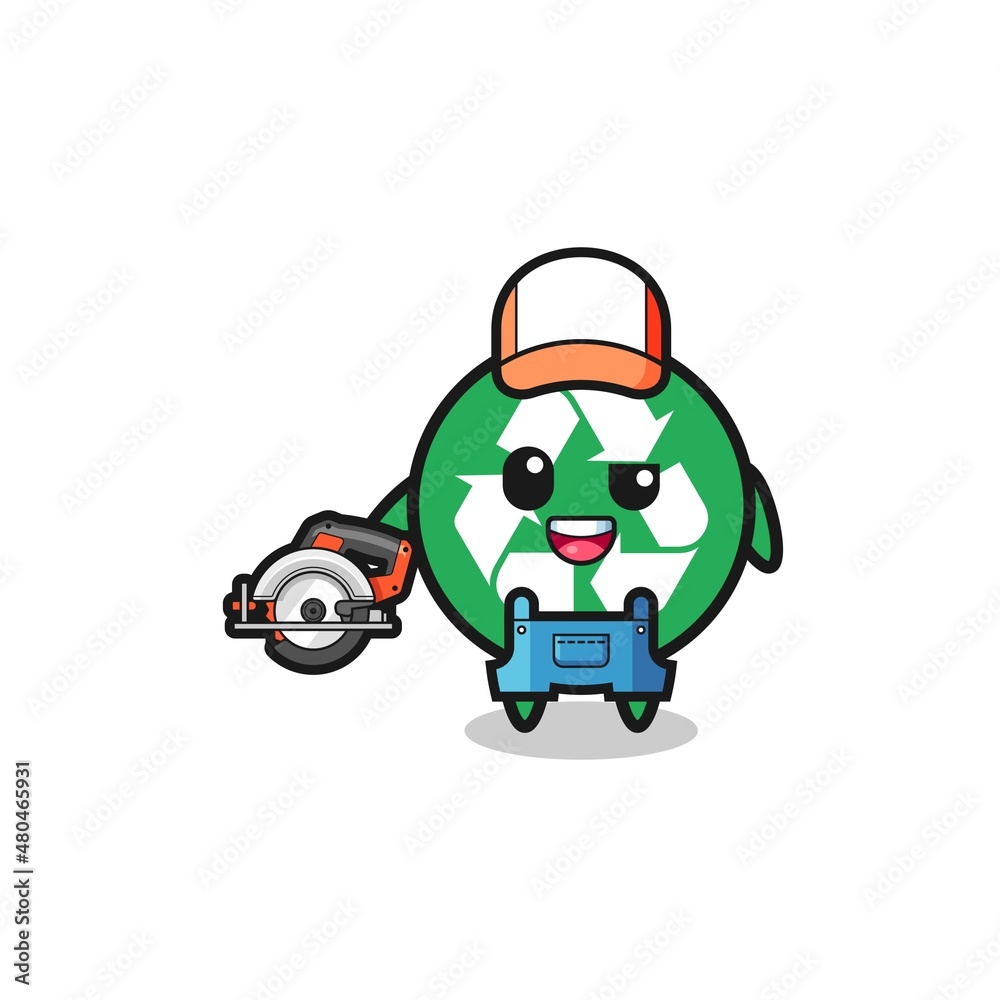 the woodworker recycling mascot holding a circular saw the woodworker recycling mascot holding a circular saw