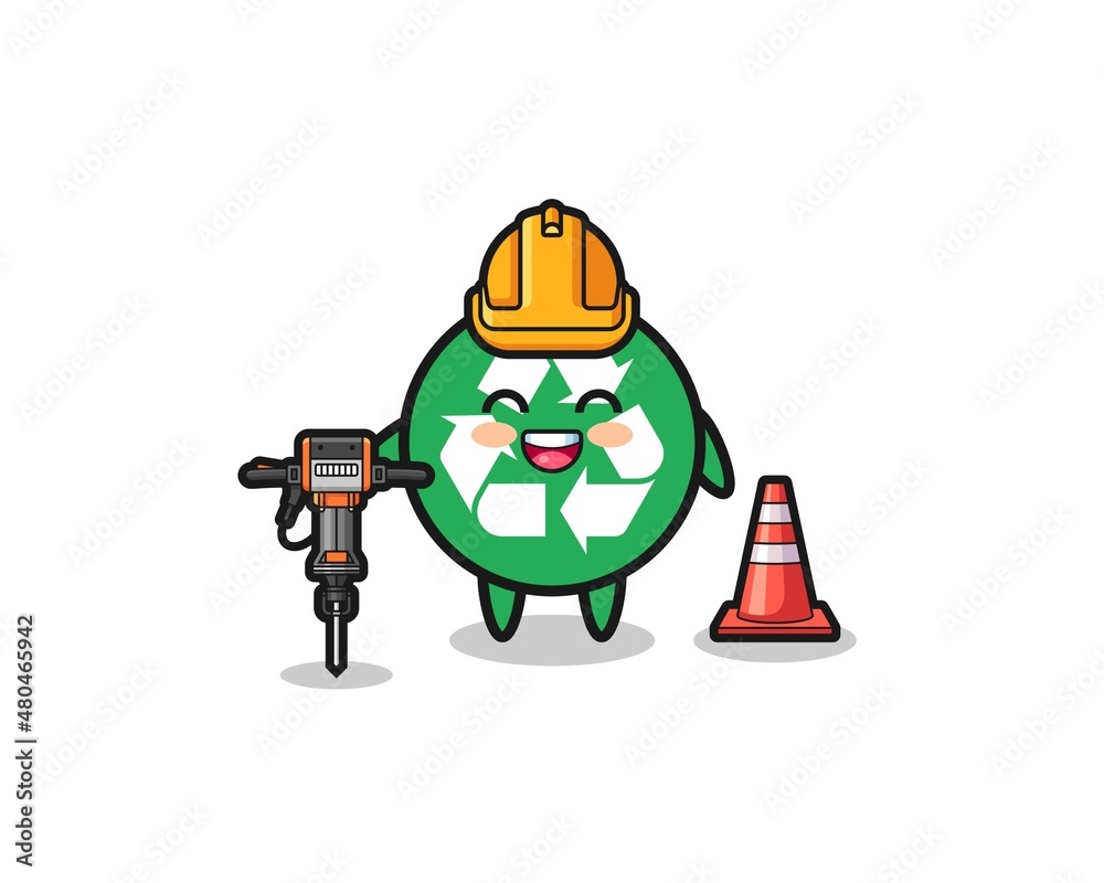 road worker mascot of recycling holding drill machine road worker mascot of recycling holding drill machine