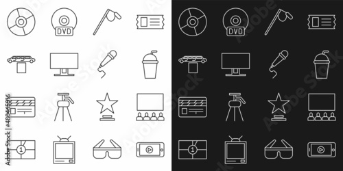 Set line Online play video, Cinema auditorium with screen, Paper glass straw, Microphone, Smart Tv, Limousine car and carpet, CD DVD disk and icon. Vector