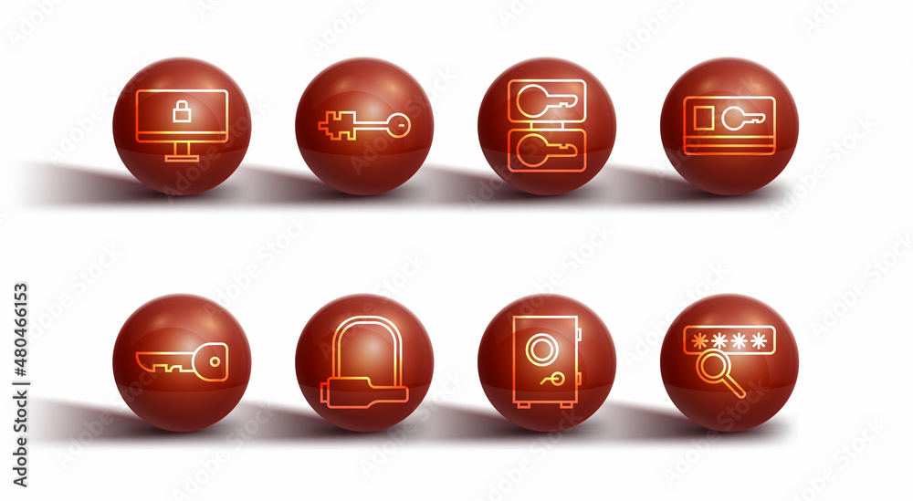 Set line Lock on computer monitor, Key, card, Safe, Bicycle lock, Old key, Password protection and Casting keys icon. Vector Set line Lock on computer monitor, Key, card, Safe, Bicycle lock, Old key, Password protection and Casting keys icon. Vector