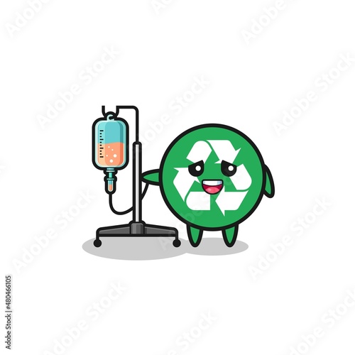 cute recycling character standing with infusion pole