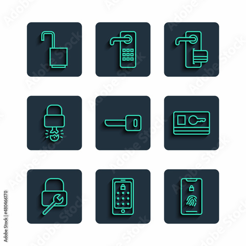 Set line Lock repair, Mobile and graphic password, with fingerprint scan, Digital door lock, Key, broke inside of padlock, Open and card icon. Vector