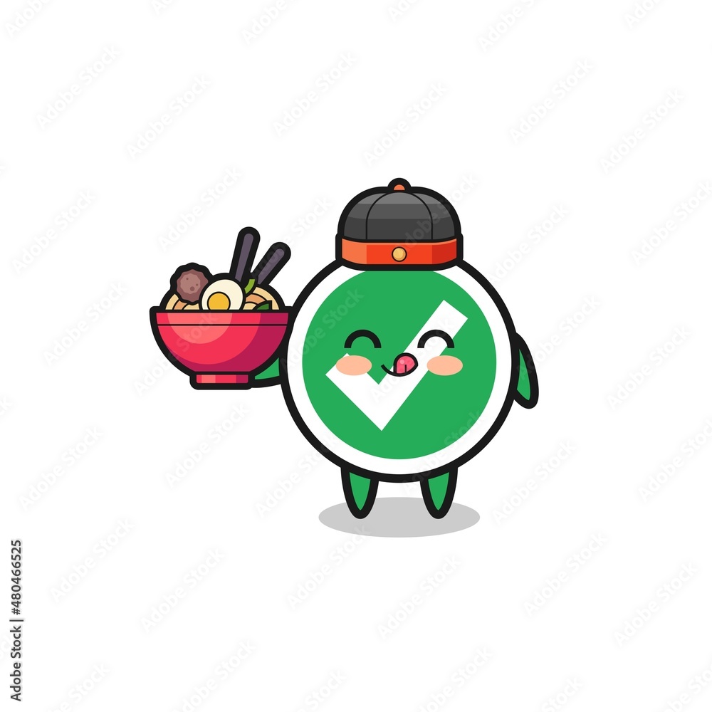 check mark as Chinese chef mascot holding a noodle bowl