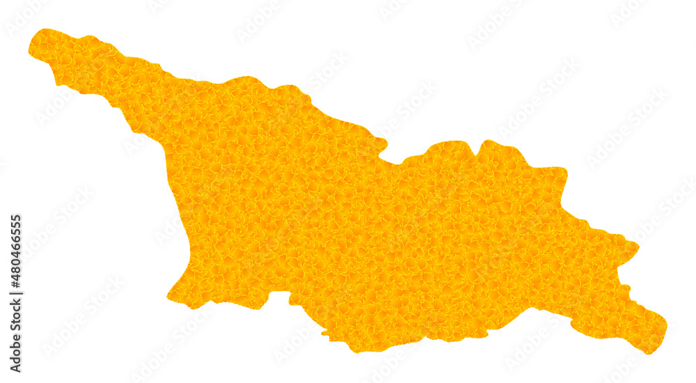 Vector Gold map of Georgia. Map of Georgia is isolated on a white background. Gold particles texture based on solid yellow map of Georgia.