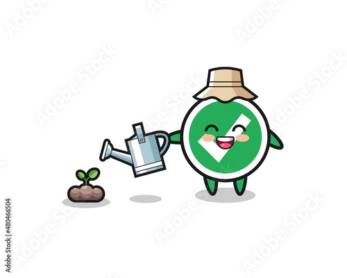 cute check mark is watering plant seeds
