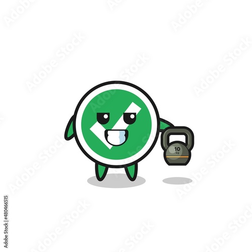 check mark mascot lifting kettlebell in the gym