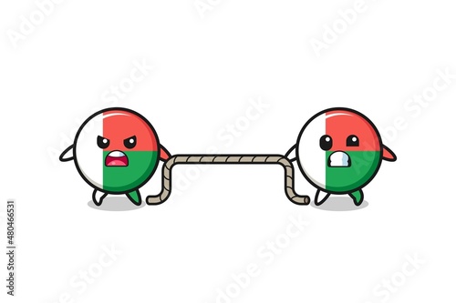 cute madagascar flag character is playing tug of war game