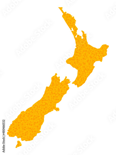 Vector Golden map of New Zealand. Map of New Zealand is isolated on a white background. Golden particles mosaic based on solid yellow map of New Zealand.