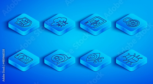 Set line System bug, on a cloud, Browser incognito window, Cyber security, Eye scan, Safe combination lock, Smartphone and icon. Vector