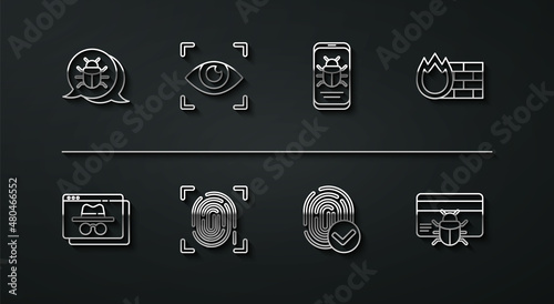 Set line System bug, Browser incognito window, Firewall, security wall, Fingerprint, Eye scan, credit card and on mobile icon. Vector