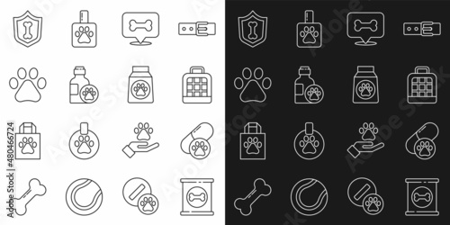 Set line Canned food, Dog pill, Pet carry case, bone, shampoo, Paw print, Animal health insurance and Bag of icon. Vector