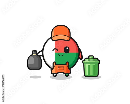 the mascot of cute madagascar flag as garbage collector