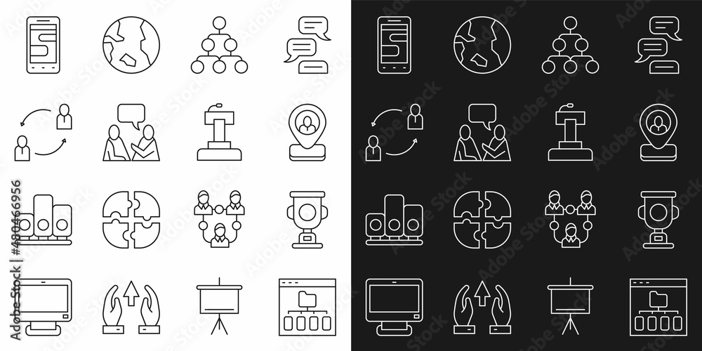 Set line Browser files, Award cup, Worker location, Hierarchy organogram chart, Two sitting men talking, Human resources, Chat messages phone and Stage stand tribune icon. Vector