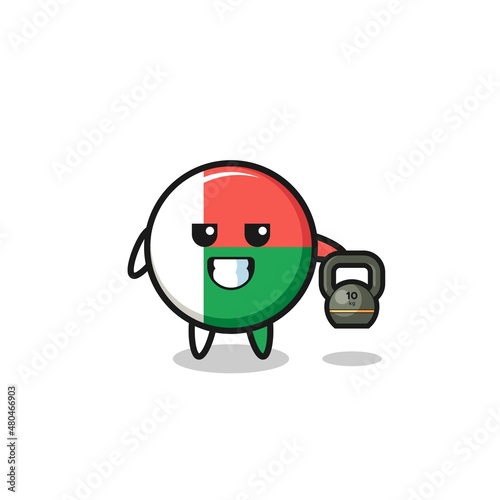 madagascar flag mascot lifting kettlebell in the gym