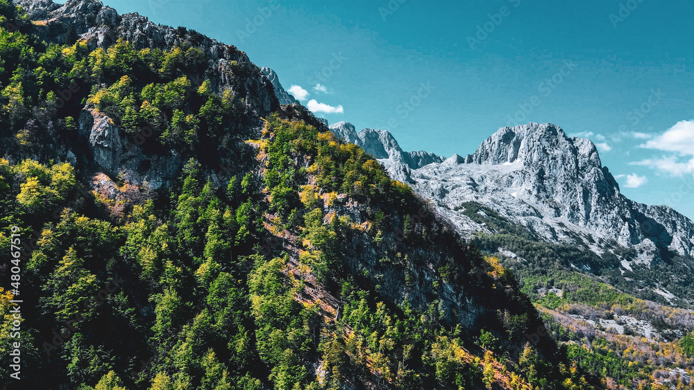 Fototapeta premium Albania Theth Mountain Alps Aerial Drone