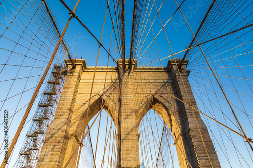 Cables and tower on the Brooklyn Bridge.