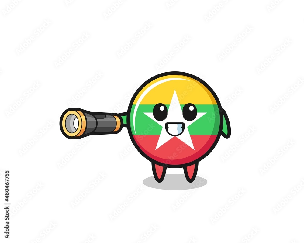 myanmar flag mascot holding flashlight myanmar flag mascot holding flashlight