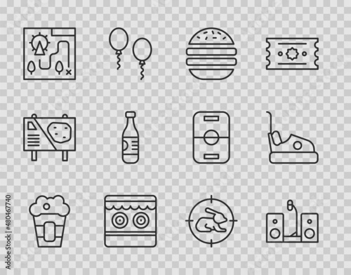 Set line Popcorn in box, Home stereo with two speakers, Burger, Shooting gallery, Amusement park map, Bottle of water, Hunt on rabbit crosshairs and Bumper car icon. Vector