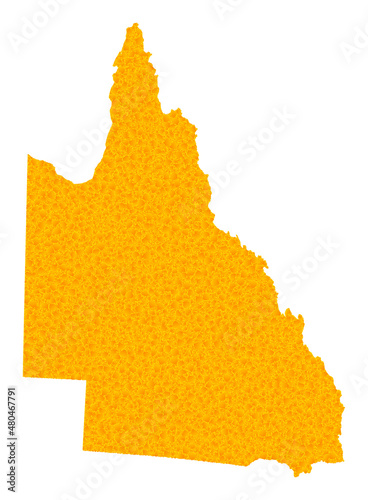 Vector Gold map of Australian Queensland. Map of Australian Queensland is isolated on a white background. Gold particles pattern based on solid yellow map of Australian Queensland.