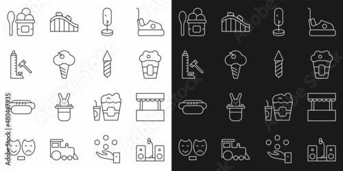 Set line Home stereo with two speakers, Ticket box office, Popcorn in, Tree, Ice cream waffle cone, Striker attraction hammer, bowl and Firework rocket icon. Vector