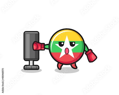 myanmar flag boxer cartoon doing training with punching bag
