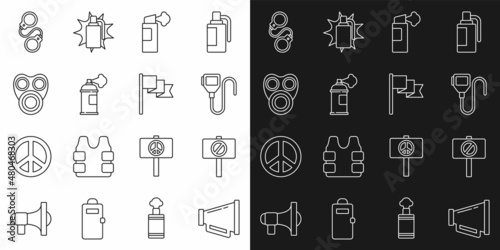 Set line Megaphone, Protest, Walkie talkie, Pepper spray, Paint can, Gas mask, Handcuffs and Location marker icon. Vector