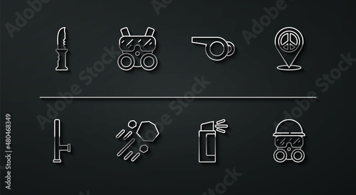 Set line Military knife, Police rubber baton, Location peace, Pepper spray, Flying stone, Gas mask, and Whistle icon. Vector