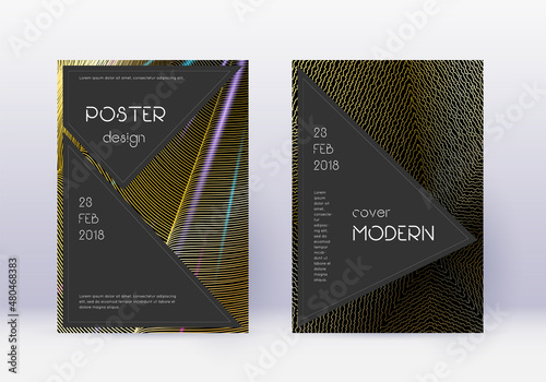 Black cover design template set. Gold abstract lin