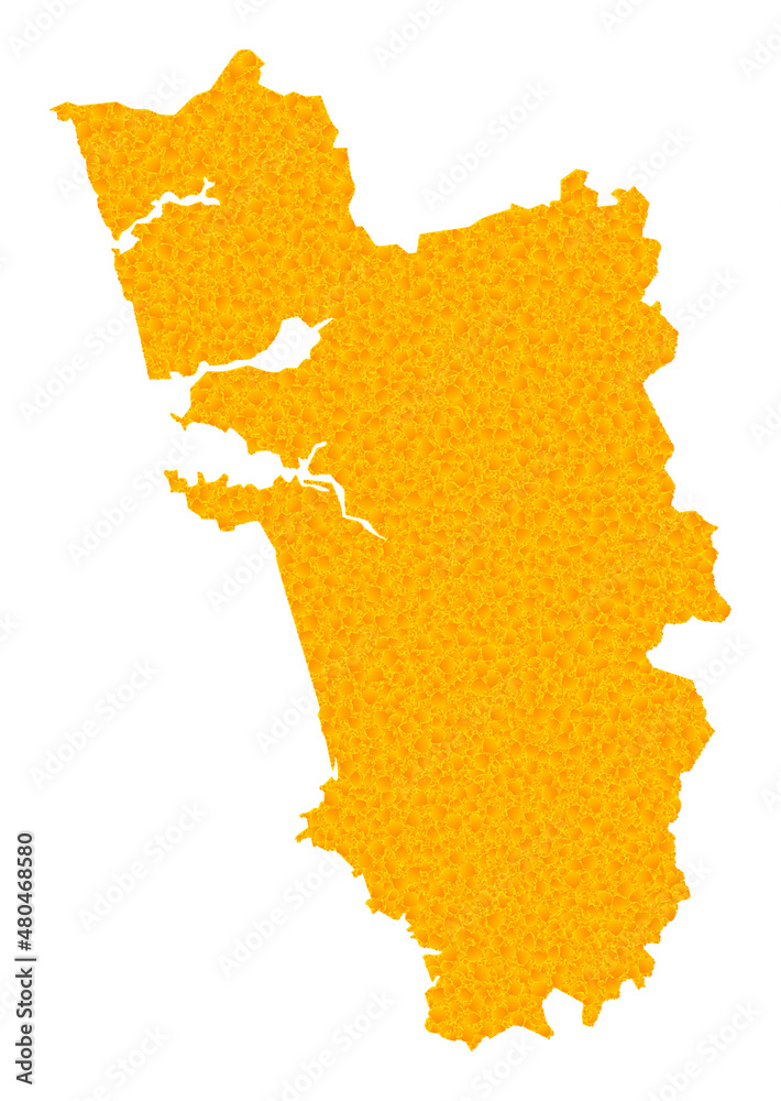 Vector Golden map of Goa State. Map of Goa State is isolated on a white background. Golden particles mosaic based on solid yellow map of Goa State. - obrazy, fototapety, plakaty 