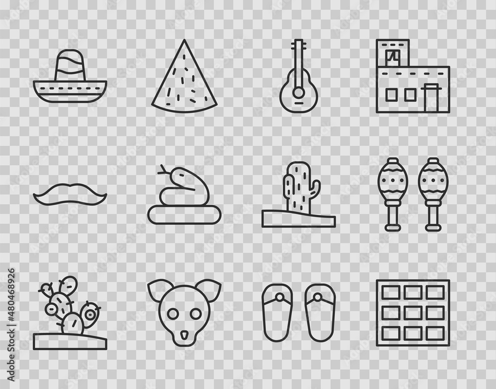 Fototapeta premium Set line Cactus, Chocolate bar, Mexican guitar, Dog, sombrero, Snake, Flip flops and Maracas icon. Vector