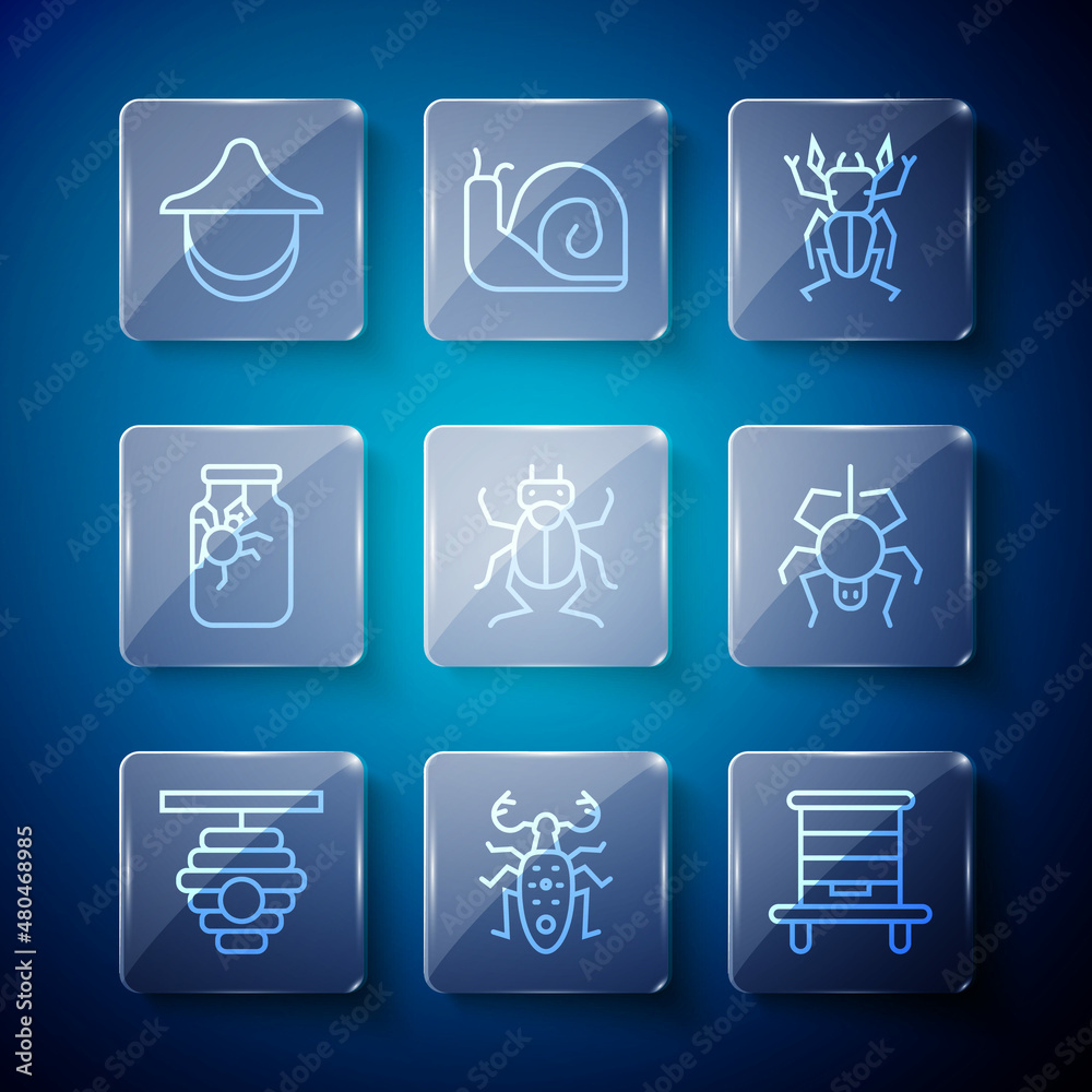 Set line Hive for bees, Beetle deer, bug, Spider in jar, Beekeeper hat and icon. Vector Set line Hive for bees, Beetle deer, bug, Spider in jar, Beekeeper hat and icon. Vector