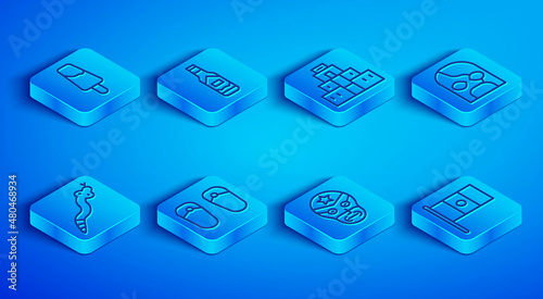 Set line Popsicle ice cream, Tabasco sauce, Chichen Itza in Mayan, Flip flops, Mexican wrestler, Snake and Mexico flag icon. Vector